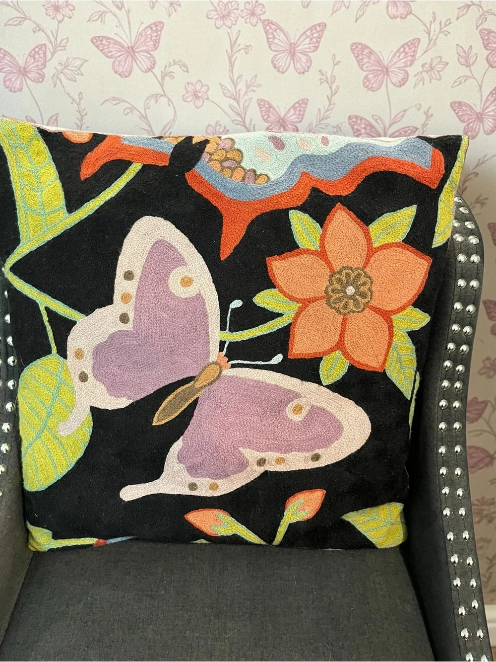 Set of 2 Handmade Kashmir Wool Butterfly Throw Pillows Floral Cottagecore Boho